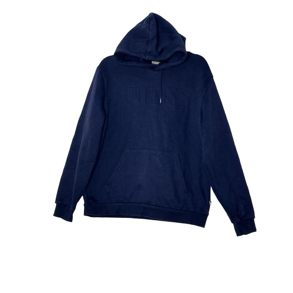 Puma Hoodie Men's Large Navy  Fleece‎ Logo Sweatshirt Kangaroo Pockets Pullover